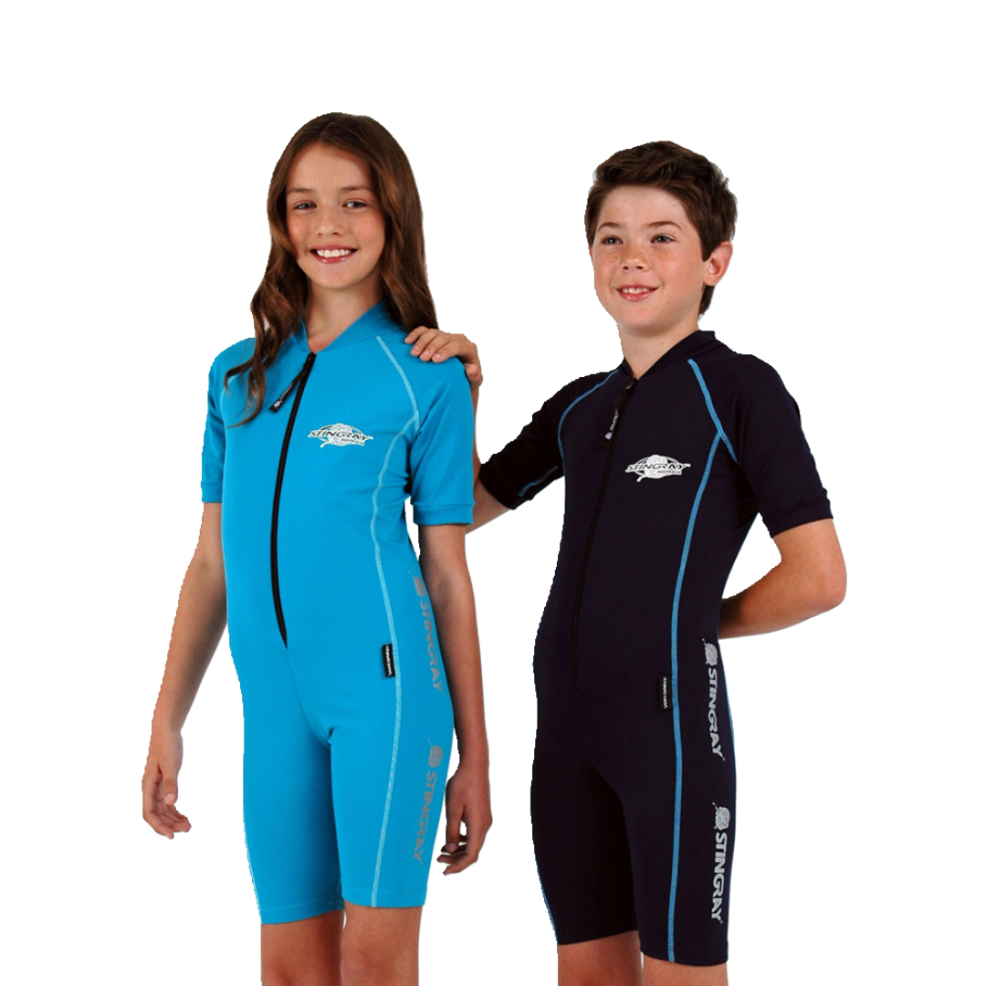 Girl and boy wearing the Stingray Unisex Kids Short Sleeve Sunsuit in Sport Style in black. This swimsuit is UPF 50+ rated to provide the best UV sun protection.