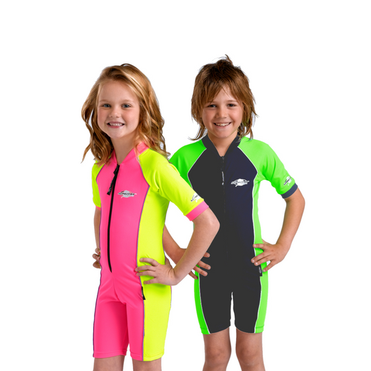 Girl and boy wearing the Stingray Unisex Kids Short Sleeve Sunsuit in pink and yellow, navy and lime green. This swimsuit is UPF 50+ rated to provide the best UV sun protection.