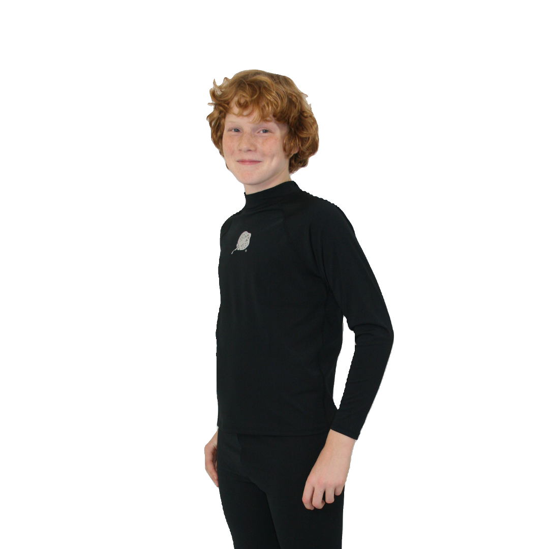 Boy wearing Black Stingray Kids' Unisex Long Sleeve Rash Shirt. Rated UPF 50+ featuring long sleeves, a high collar, and a sleek, UV sun protective design. Made from soft, chlorine-resistant fabric with the logo down the arm and on the front-centre.