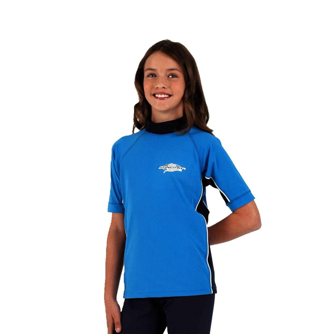 Girl wearing the azure and navy Stingray Kids' Unisex Short Sleeve Rash Shirt in soft, durable, chlorine-resistant fabric. This swim shirt is rated UPF 50+ to provide the best UV sun protection.