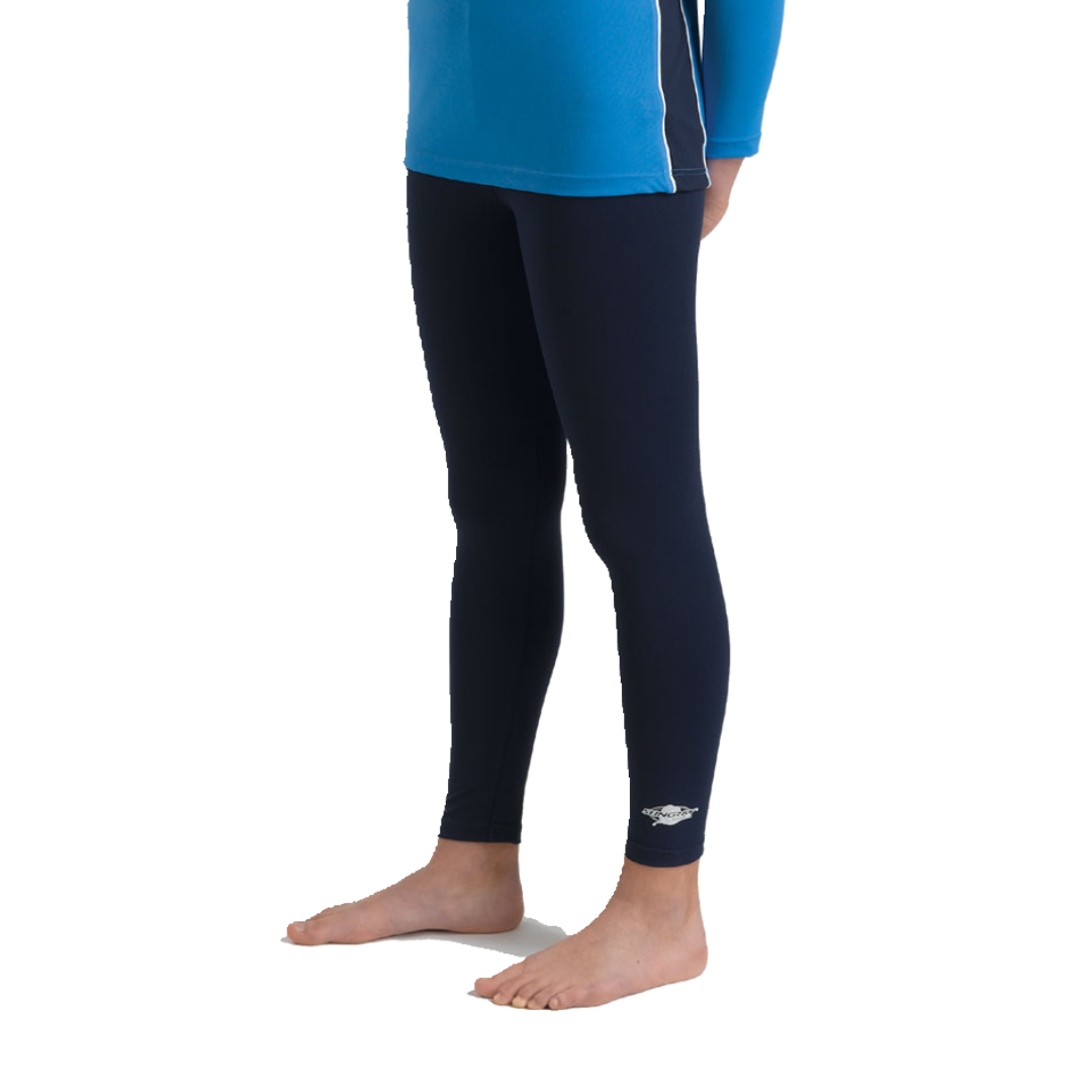 Child wearing navy UPF 50+ Stingray Swim Leggings for Kids and Toddlers. These swimming leggings provide the best UV sun protection.