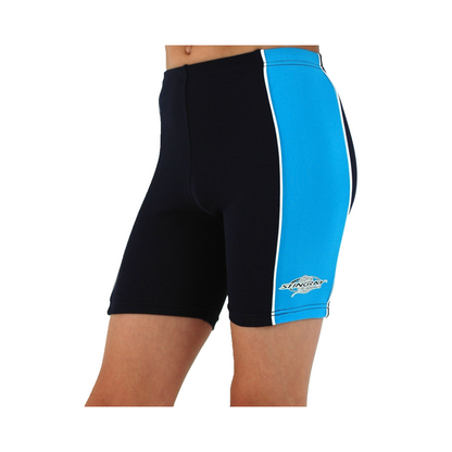 Boy/girl wearing the navy and azure Stingray Kids' Unisex Swim Shorts UPF 50+. These swimming trunks feature a contrasting azure side panel and the best UV sun protection for swimming, water activities and outdoor play. 