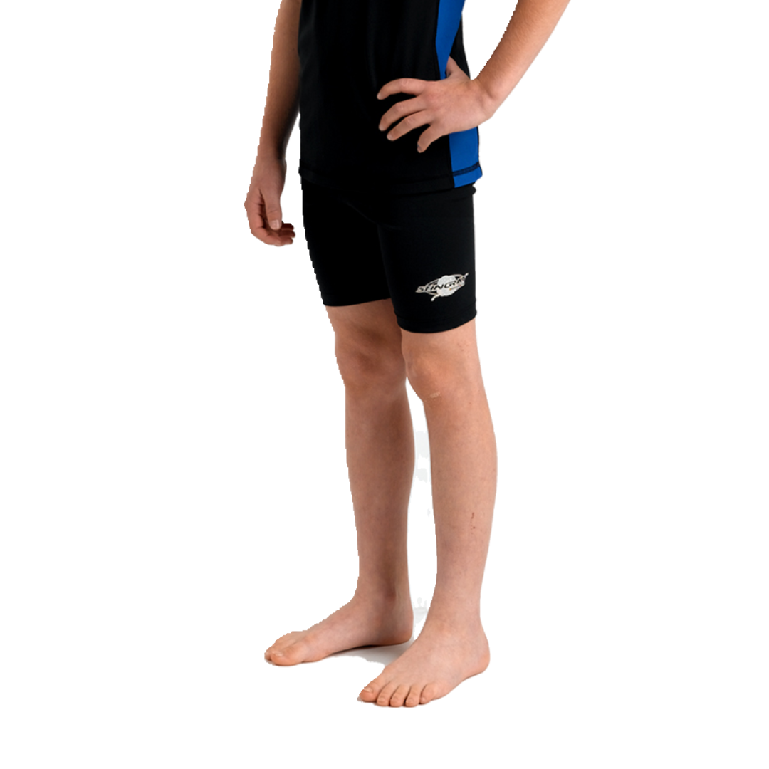 Boy/girl wearing the black Stingray Kids' Unisex Swim Shorts UPF 50+. These swimming trunks provide the best UV sun protection for swimming, water activities and outdoor play. 