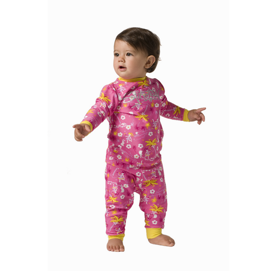 Toddler wearing the Hawaii Stingray Toddler Two-Piece Sunsuit, featuring a long-sleeve top and leggings for the best full-body UV sun protection and comfort.