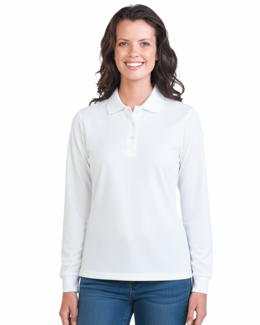 Model wearing Stingray white Long Sleeve UV Protection Polo Shirt with vented armpits, soft cotton-polyester blend, and UPF 50+ sun protection.