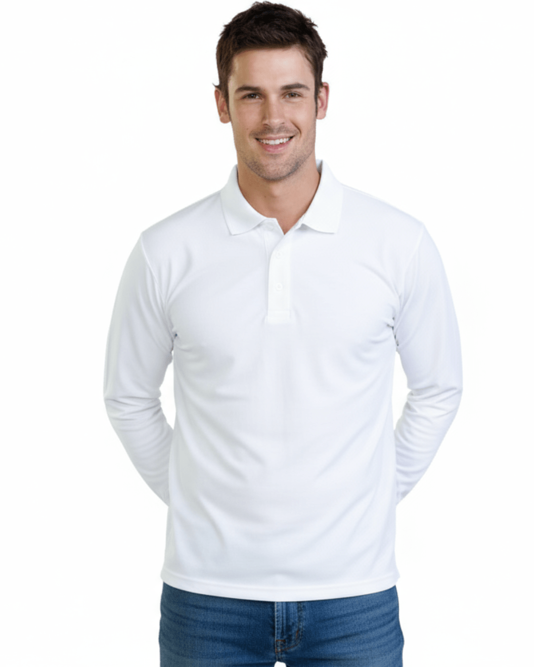 Model wearing Stingray white Long Sleeve UV Protection Polo Shirt with vented armpits, soft cotton-polyester blend, and UPF 50+ sun protection.
