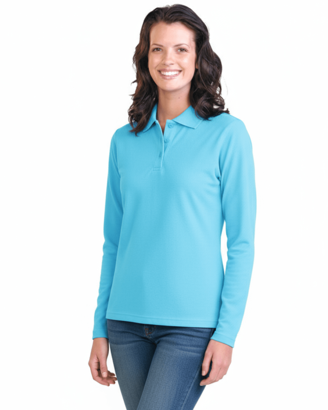 Model wearing Stingray Ice Blue Long Sleeve UV Protection Polo Shirt with vented armpits, soft cotton-polyester blend, and UPF 50+ sun protection.