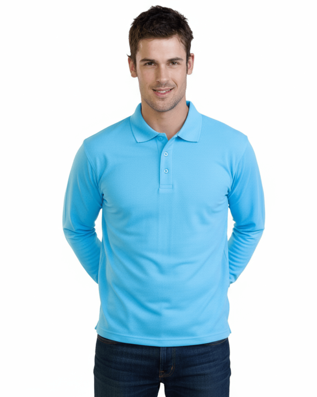 Man wearing Stingray Ice Blue Long Sleeve UV Protection Polo Shirt with vented armpits, soft cotton-polyester blend, and UPF 50+ sun protection.