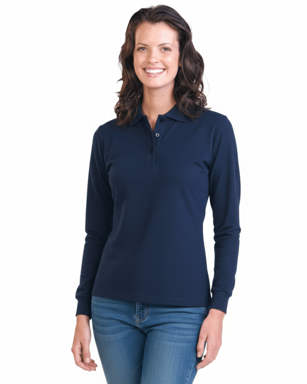 Model wearing Stingray navy Long Sleeve UV Protection Polo Shirt with vented armpits, soft cotton-polyester blend, and UPF 50+ sun protection.