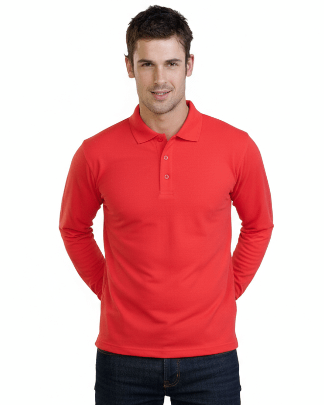 Model wearing Stingray red Long Sleeve UV Protection Polo Shirt with vented armpits, soft cotton-polyester blend, and UPF 50+ sun protection.