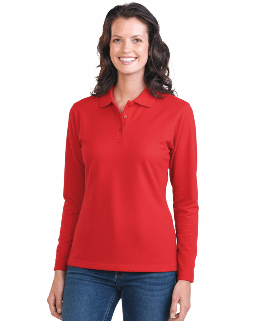 Woman wearing Stingray red Long Sleeve UV Protection Polo Shirt with vented armpits, soft cotton-polyester blend, and UPF 50+ sun protection.