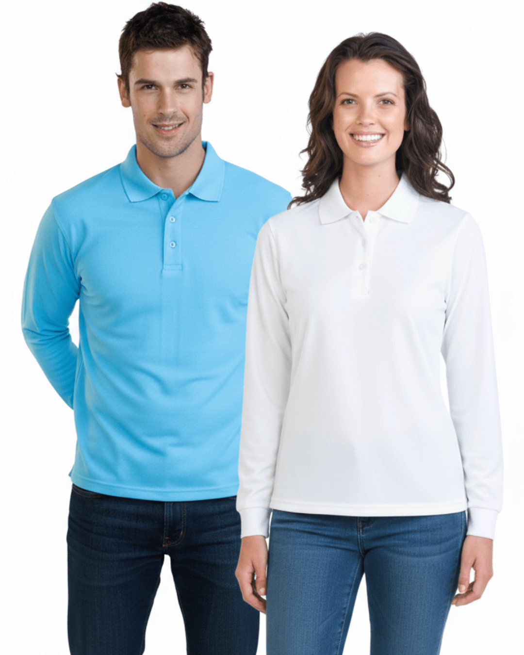 Man and woman wearing Stingray white Long Sleeve UV Protection Polo Shirt with vented armpits, soft cotton-polyester blend, and UPF 50+ sun protection.