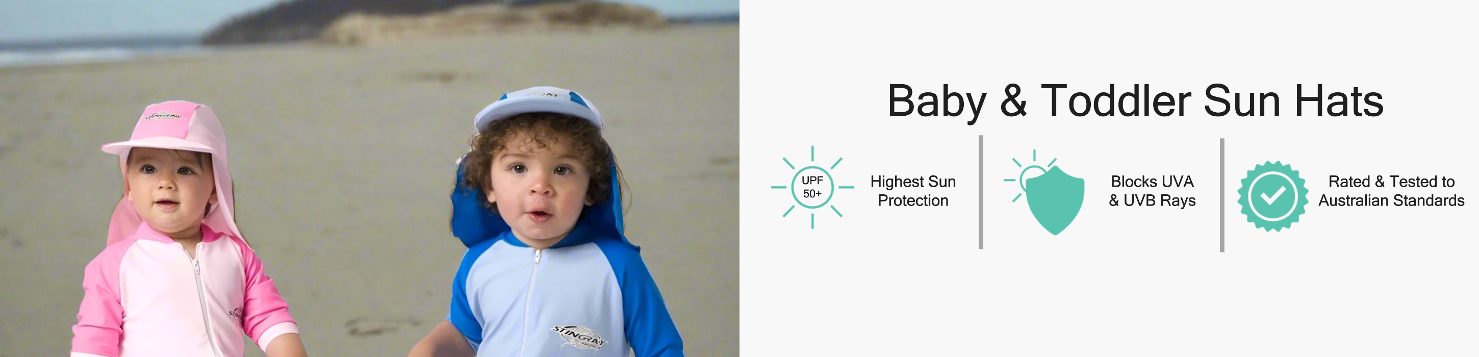 Shop the full range of Stingray baby and toddler UV protective sun hats offering the best sun protection with a UPF 50+ rating