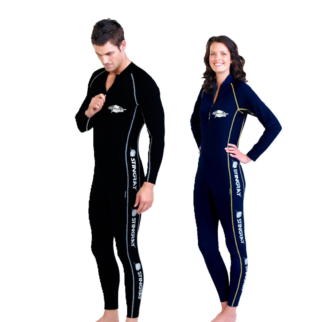 Man and woman wearing the Stingray Unisex Adult Full-Body Stinger Sunsuit in Sport Style in black and navy, rated UPF 50+ to provide the best sun protection.