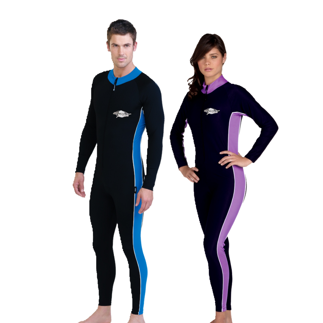 Man and woman wearing the Stingray Unisex Adult Full-Body Stinger Sunsuit in navy, rated UPF 50+ to provide the best UV sun protection.