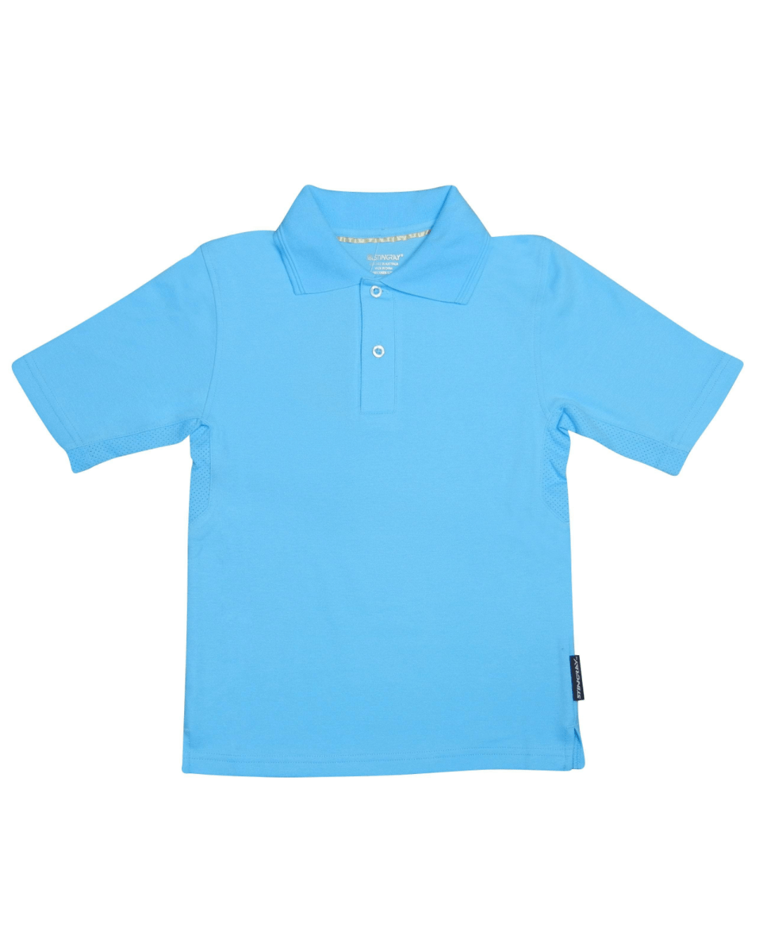 Flat lay UPF 50+ light blue polo shirt on a white background