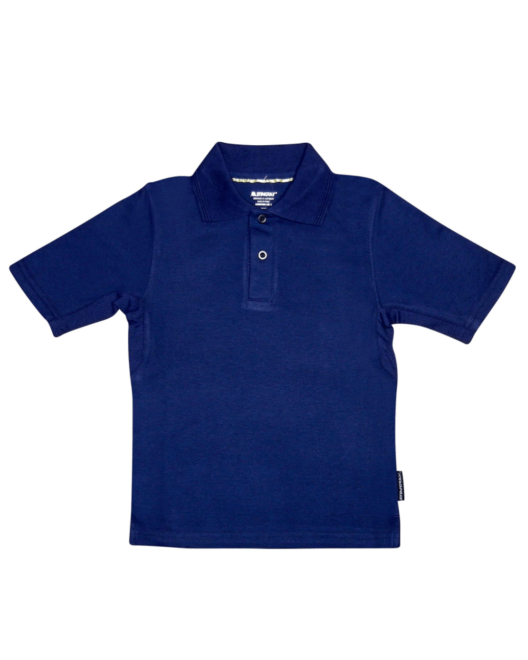Navy upf50+ polo shirt on a white background