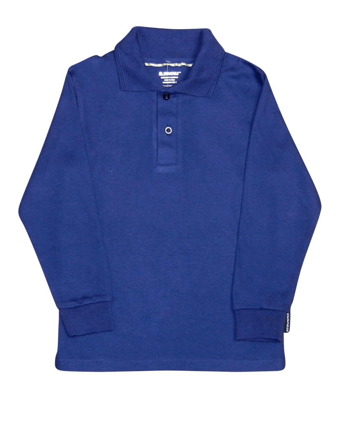Navy long-sleeve UPF 50+ polo shirt on a white background