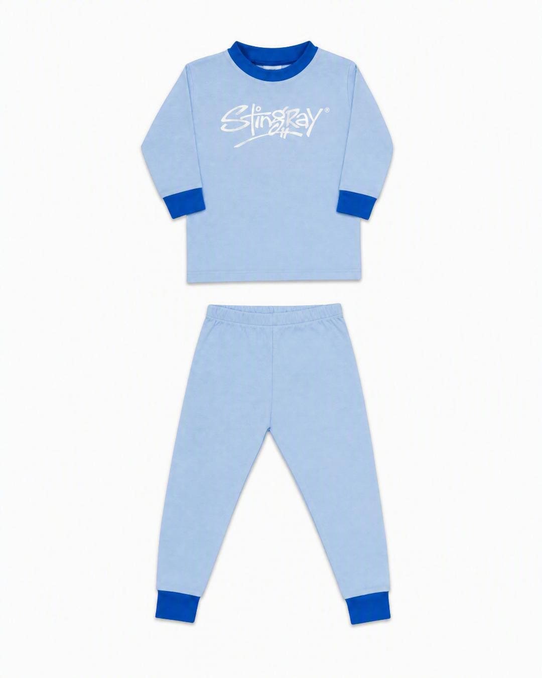 Flat lay of the Stingray 2-piece UV sunsuit set in blue, in the studio