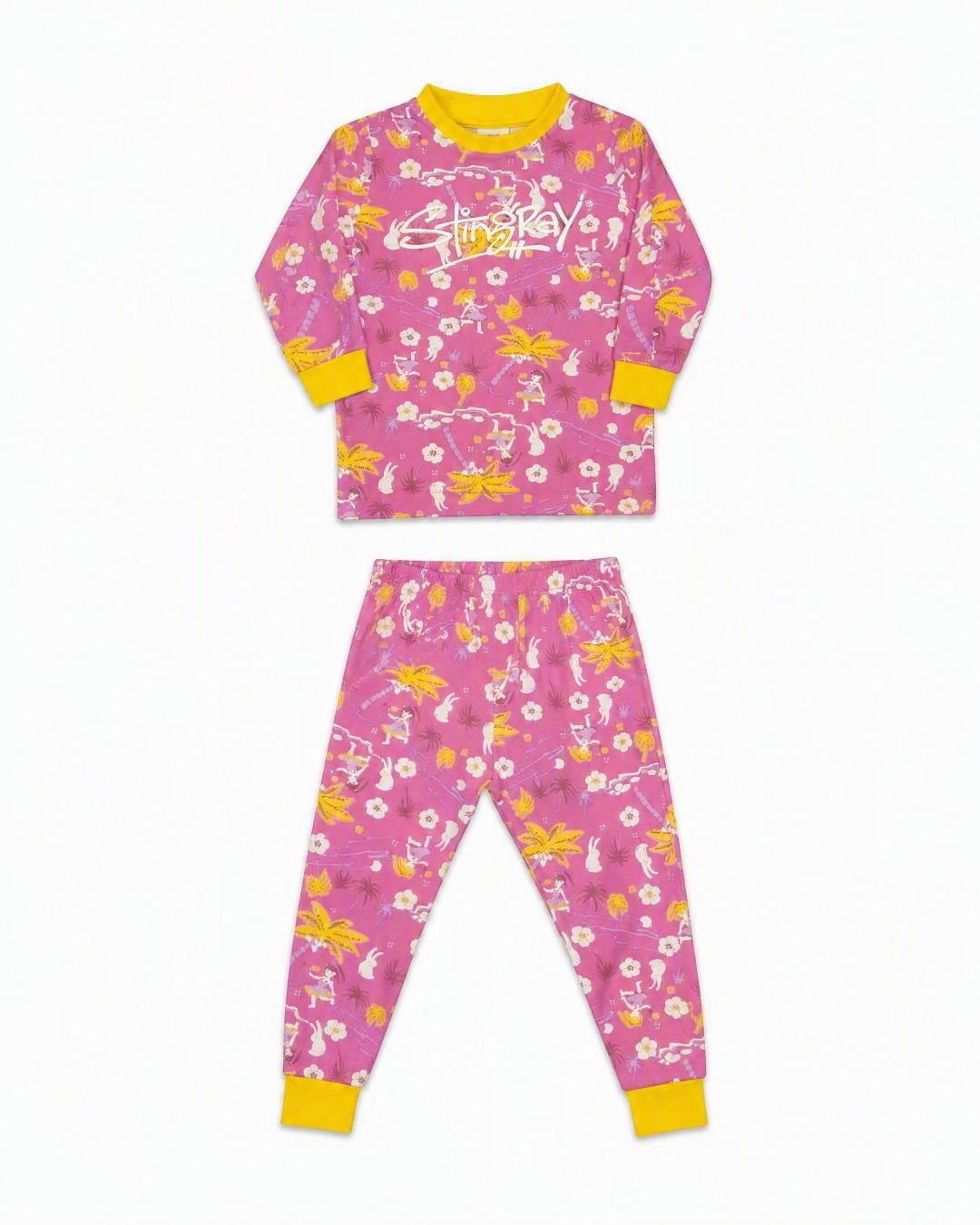 Flat lay of the Stingray 2-piece UV sunsuit set in floral colours, in the studio