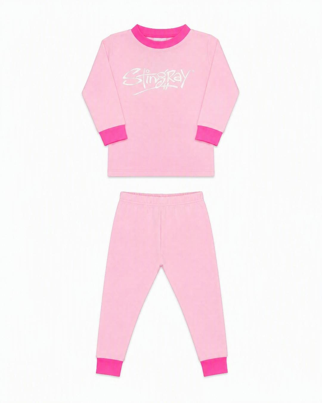 Flat lay of the Stingray 2-piece UV sunsuit set in pink, in the studio