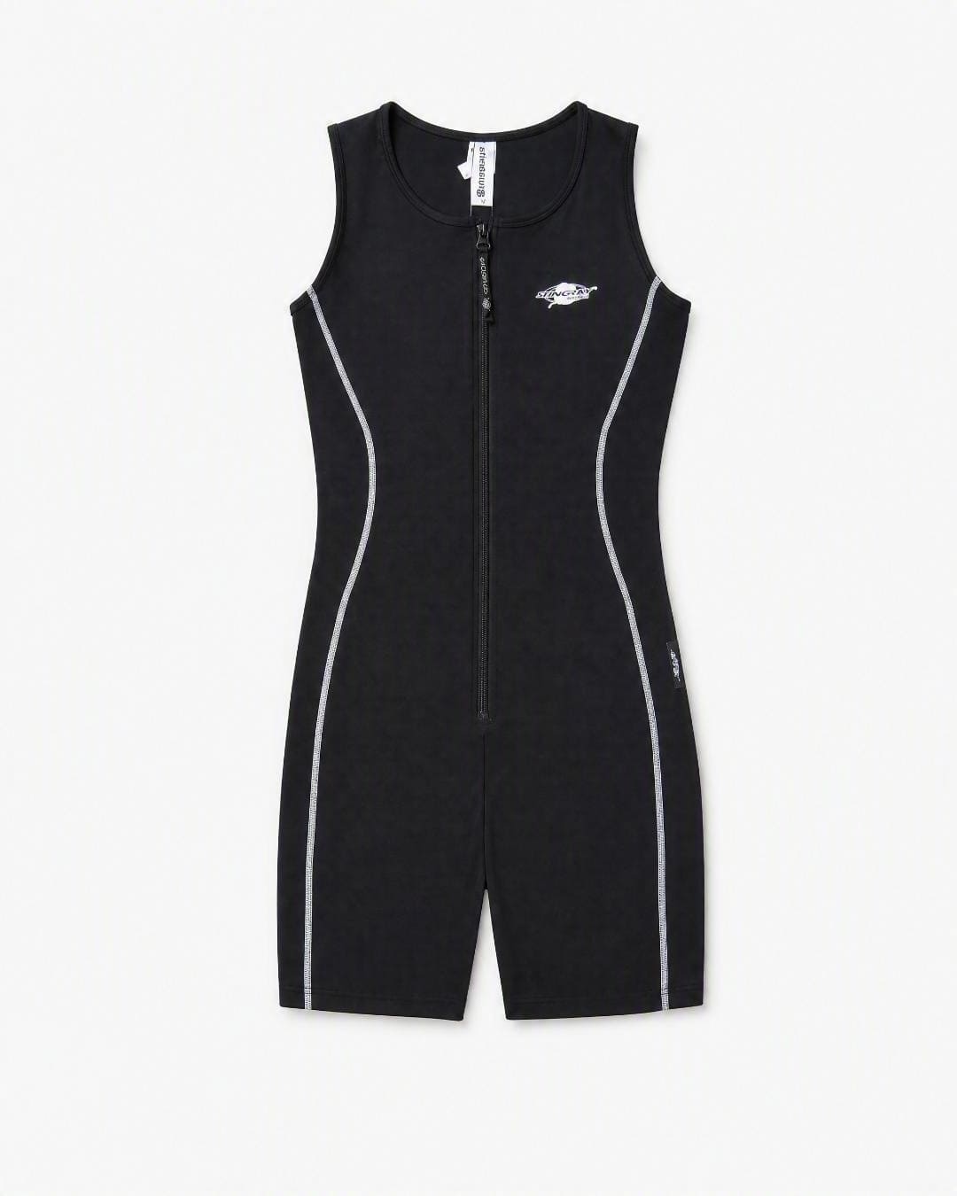 Flat lay of the Stingray Active UV Sunsuit in black, in a studio