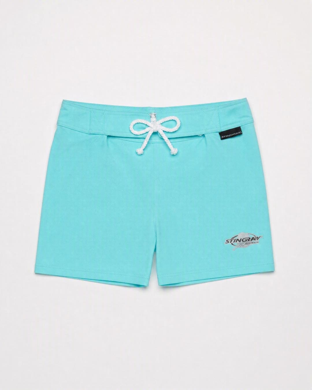 Flat lay of the Stingray front laced UV shorts UPF 50+ in aqua, in studio