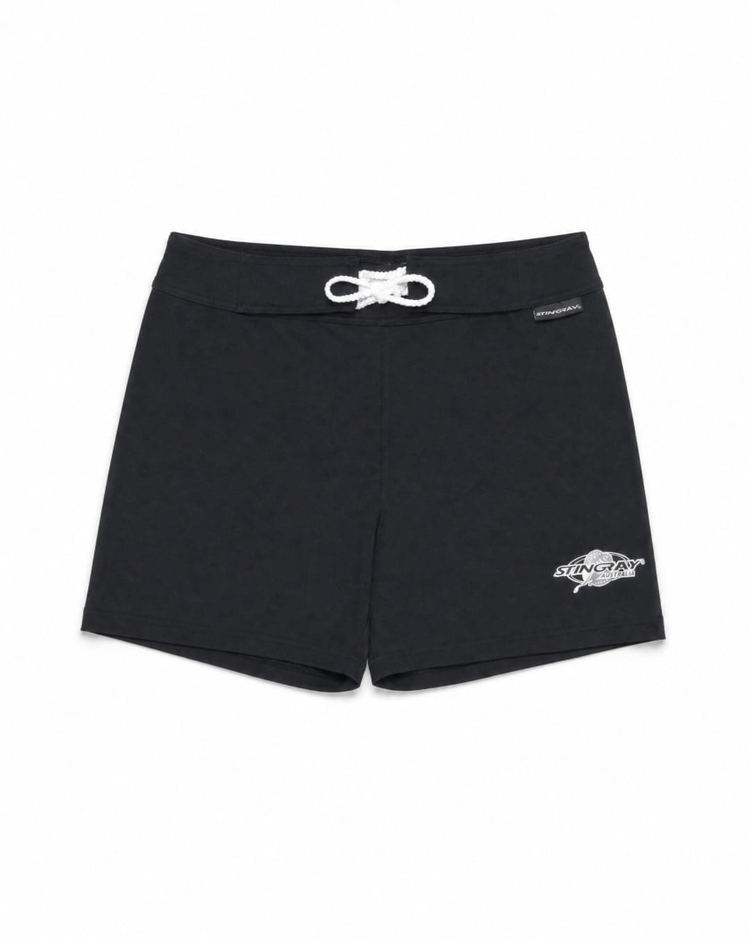 Flat lay of the Stingray front laced UV shorts UPF 50+ in black, in studio