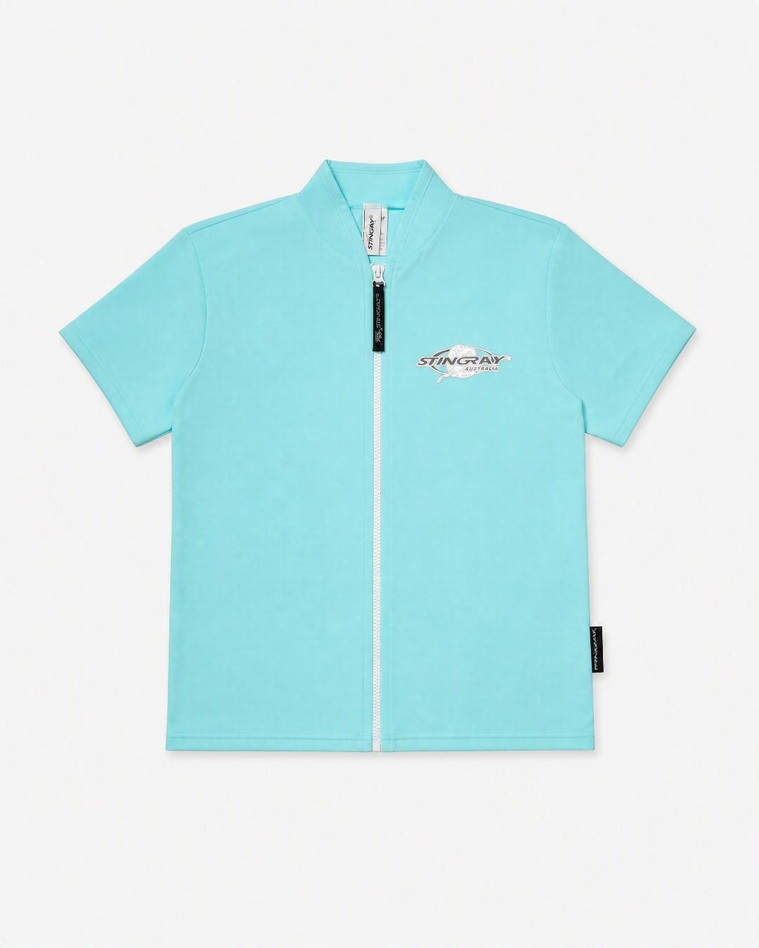Flat lay of the Stingray short sleeve UV jacket UPF 50+ in aqua, in the studio