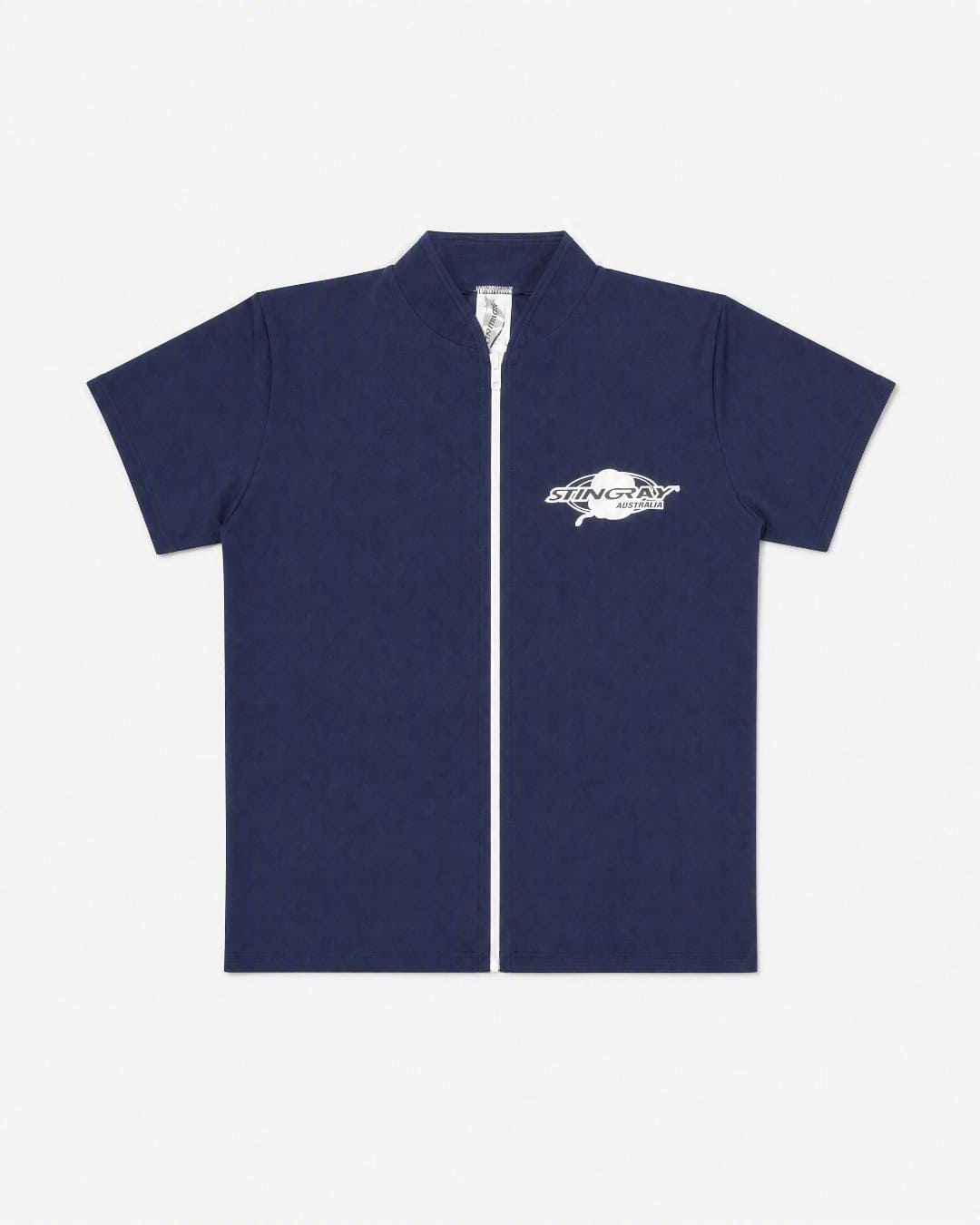Flat lay of the Stingray short sleeve UV jacket UPF 50+ in navy, in the studio