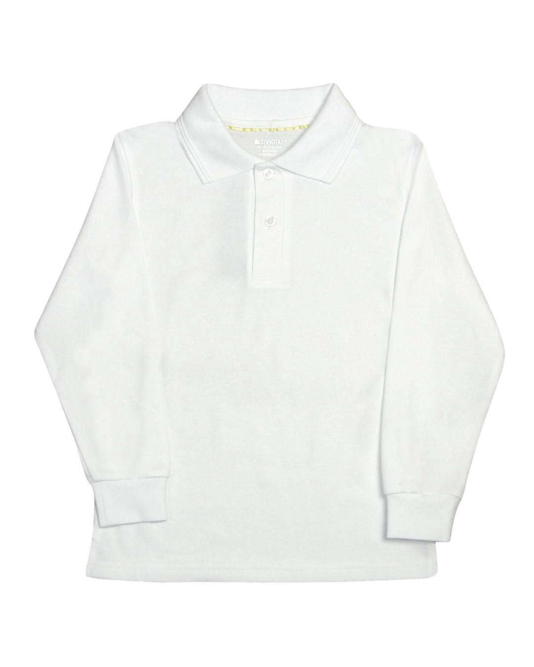 White kids long-sleeve UPF 50+ polo shirt on a white background