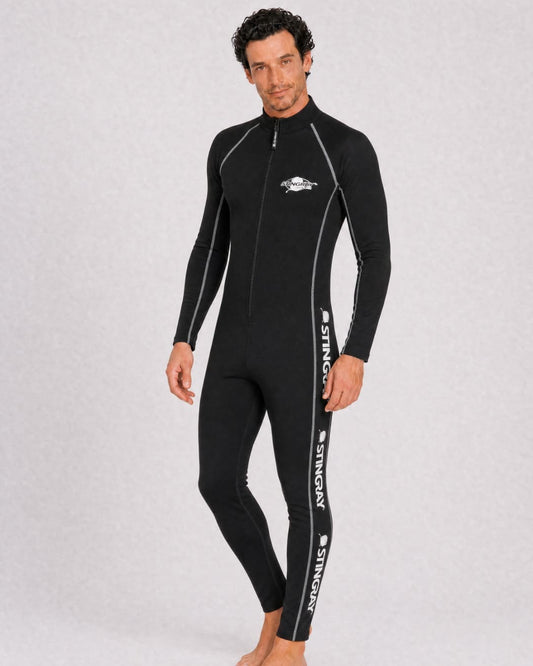 Man wearing a black full body UV swimsuit UPF 50+ in a white studio