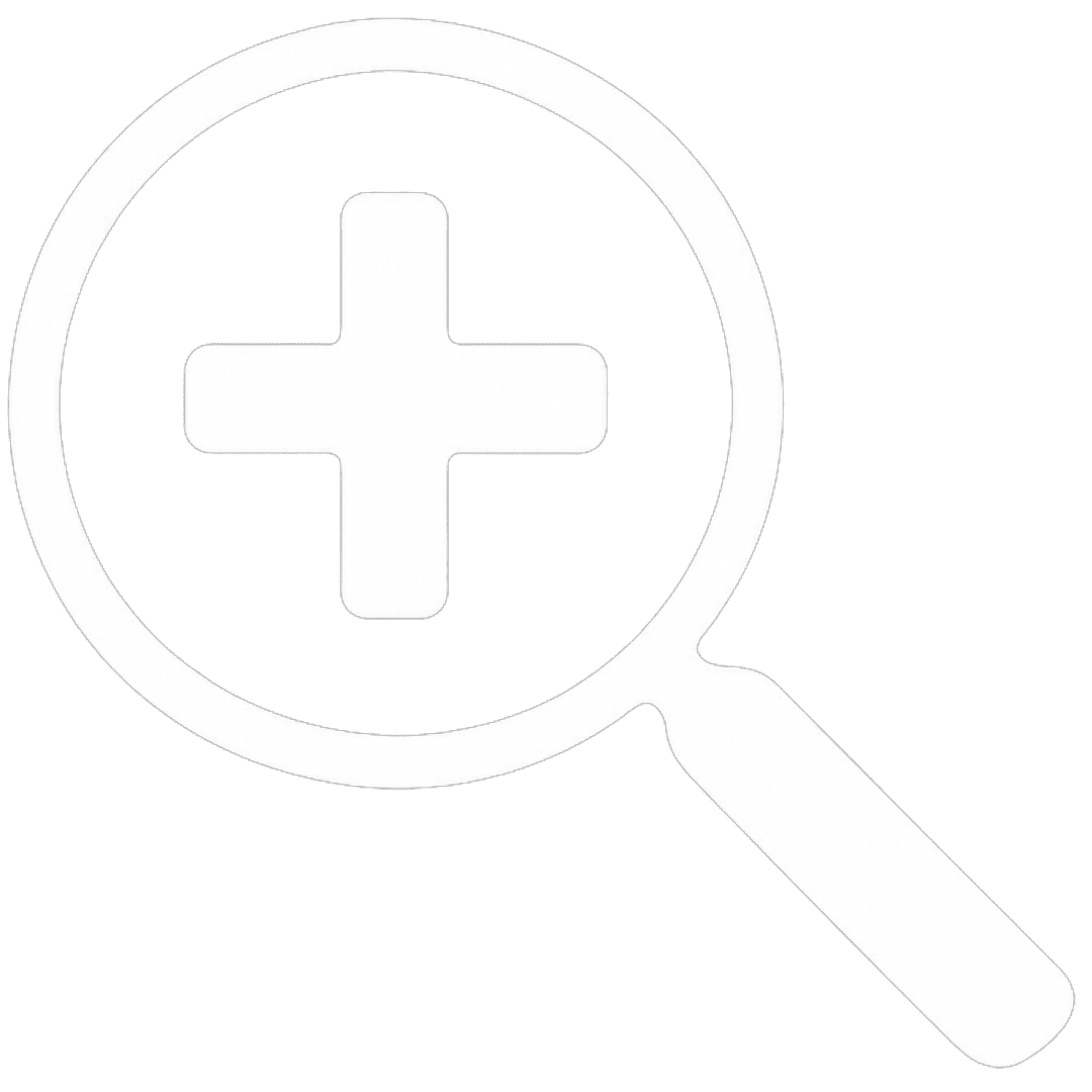 White magnifying glass with a plus sign on a transparent background signifying clinically tested