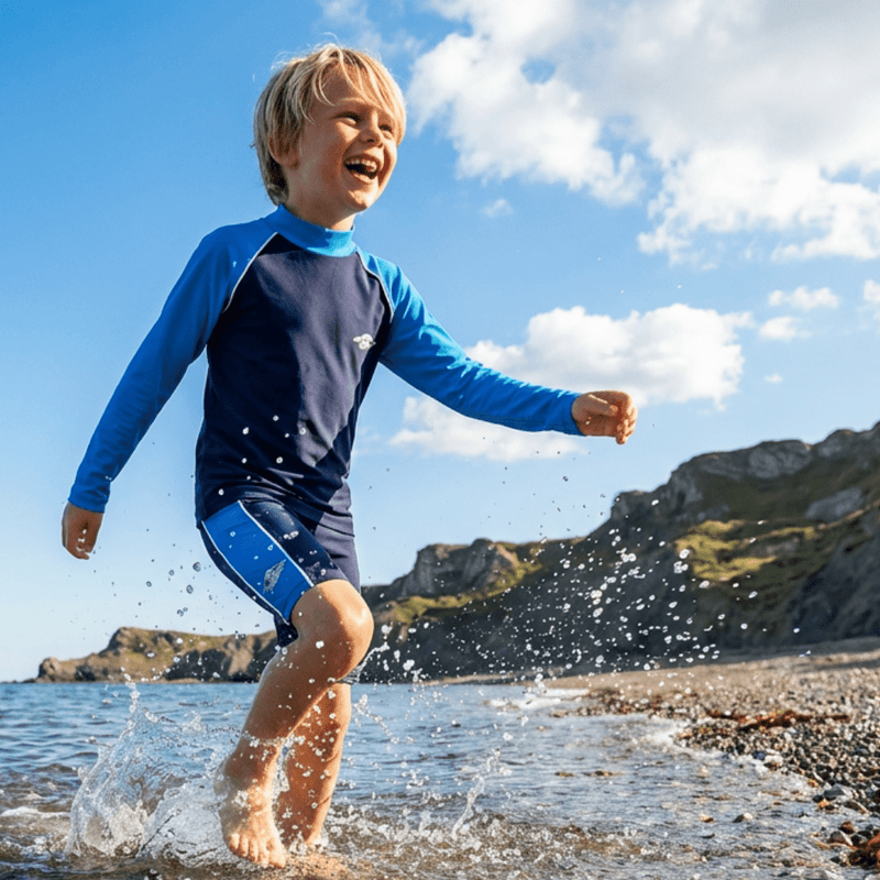 Child wearing uv swim bottoms playing on the beach