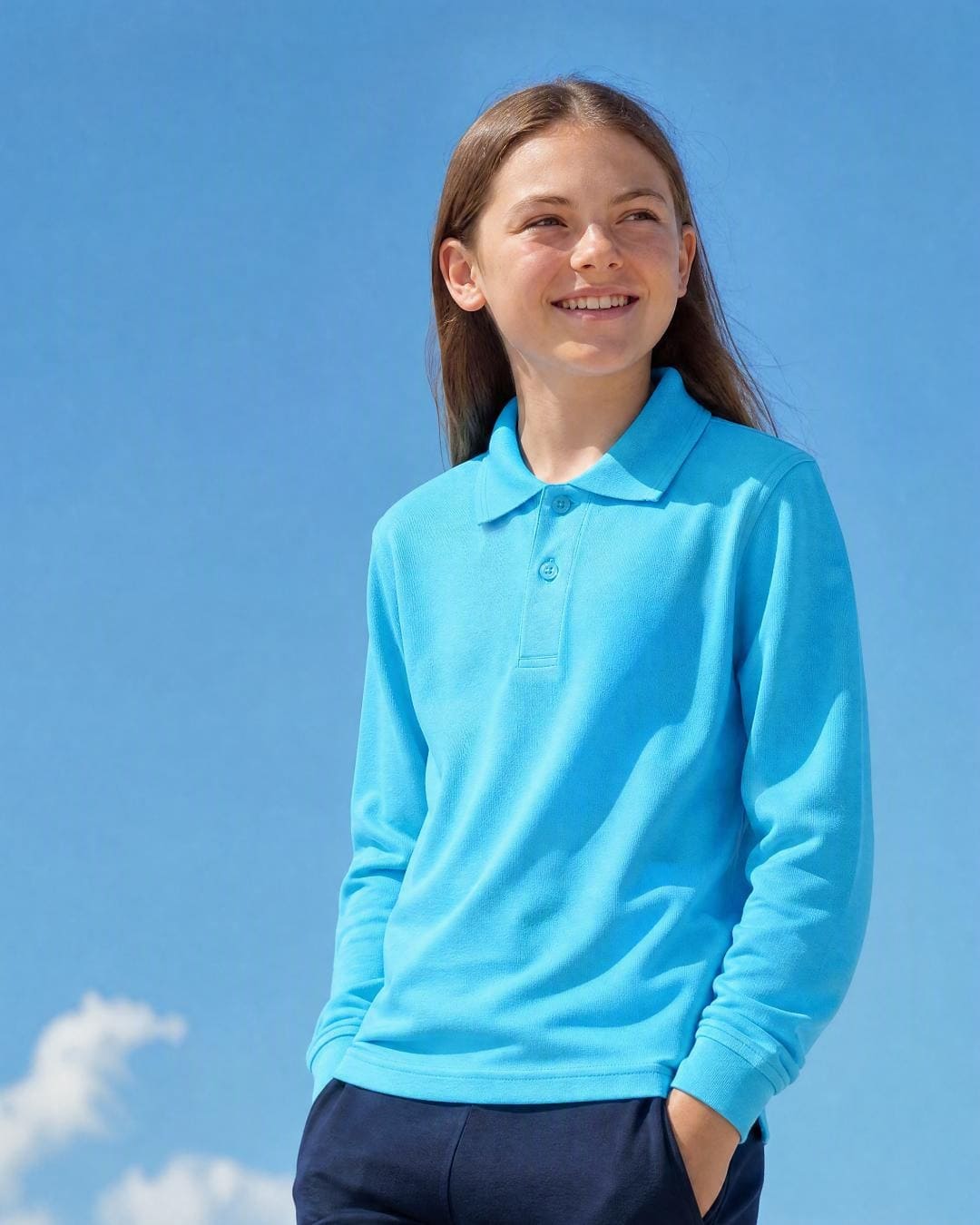 Lifestyle of 10 Year Old Girl Wearing Long Sleeve UV Polo Shirt - Ice Blue