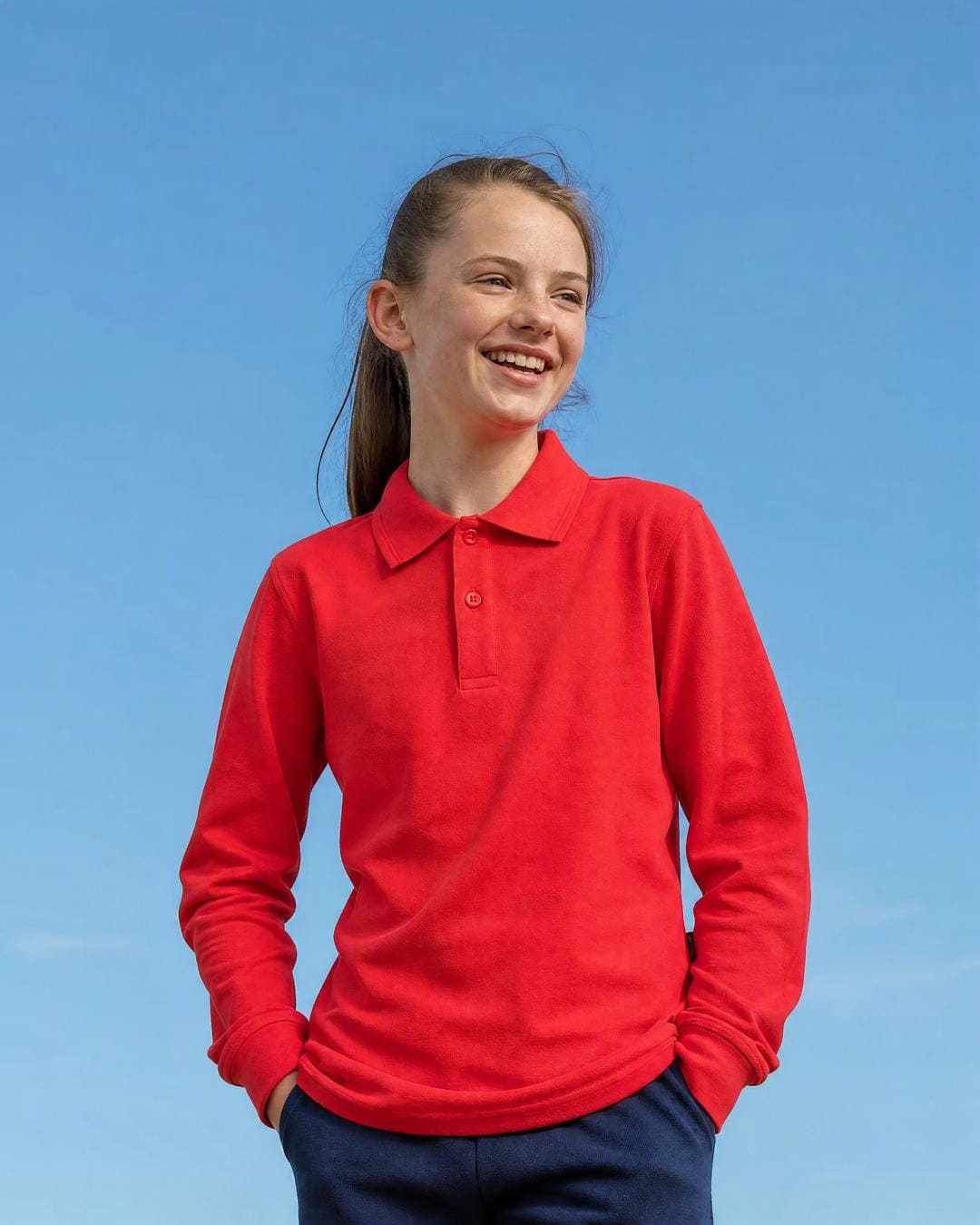 Lifestyle of 12 Year Old Girl Wearing Long Sleeve UV Polo Shirt - Red