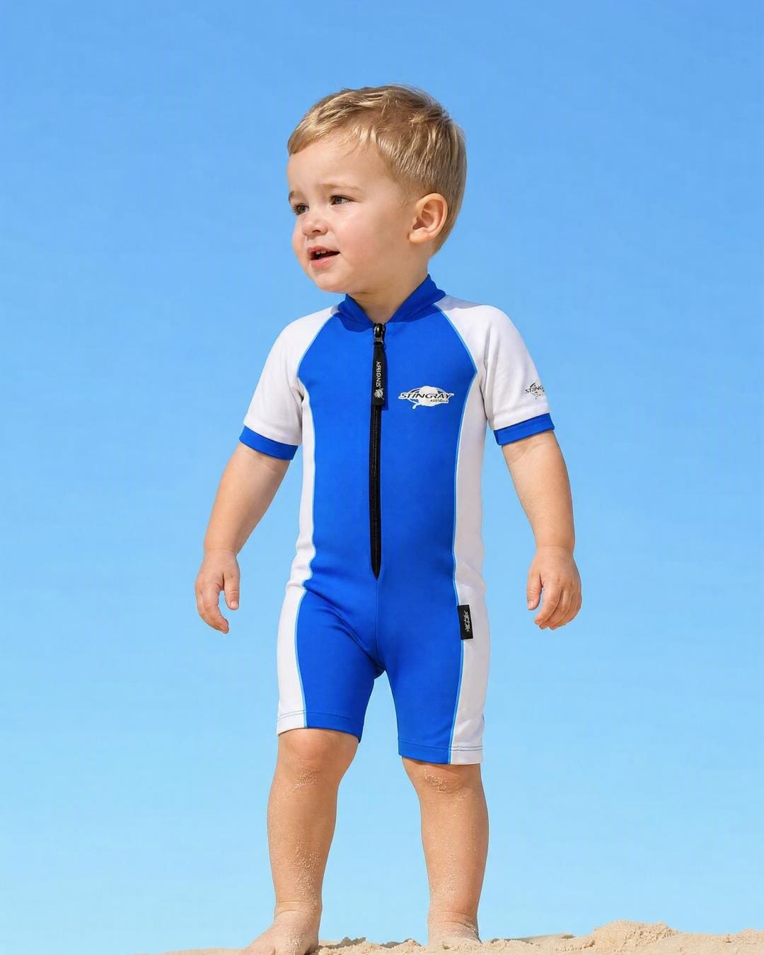 Lifestyle of 2 year old toddler wearing short sleeve UV sunsuit - blue white