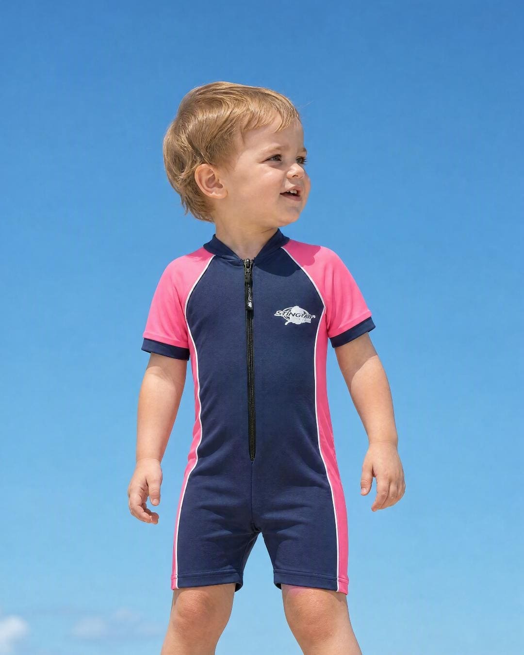 Lifestyle of 2 year old toddler wearing short sleeve UV sunsuit - navy pink