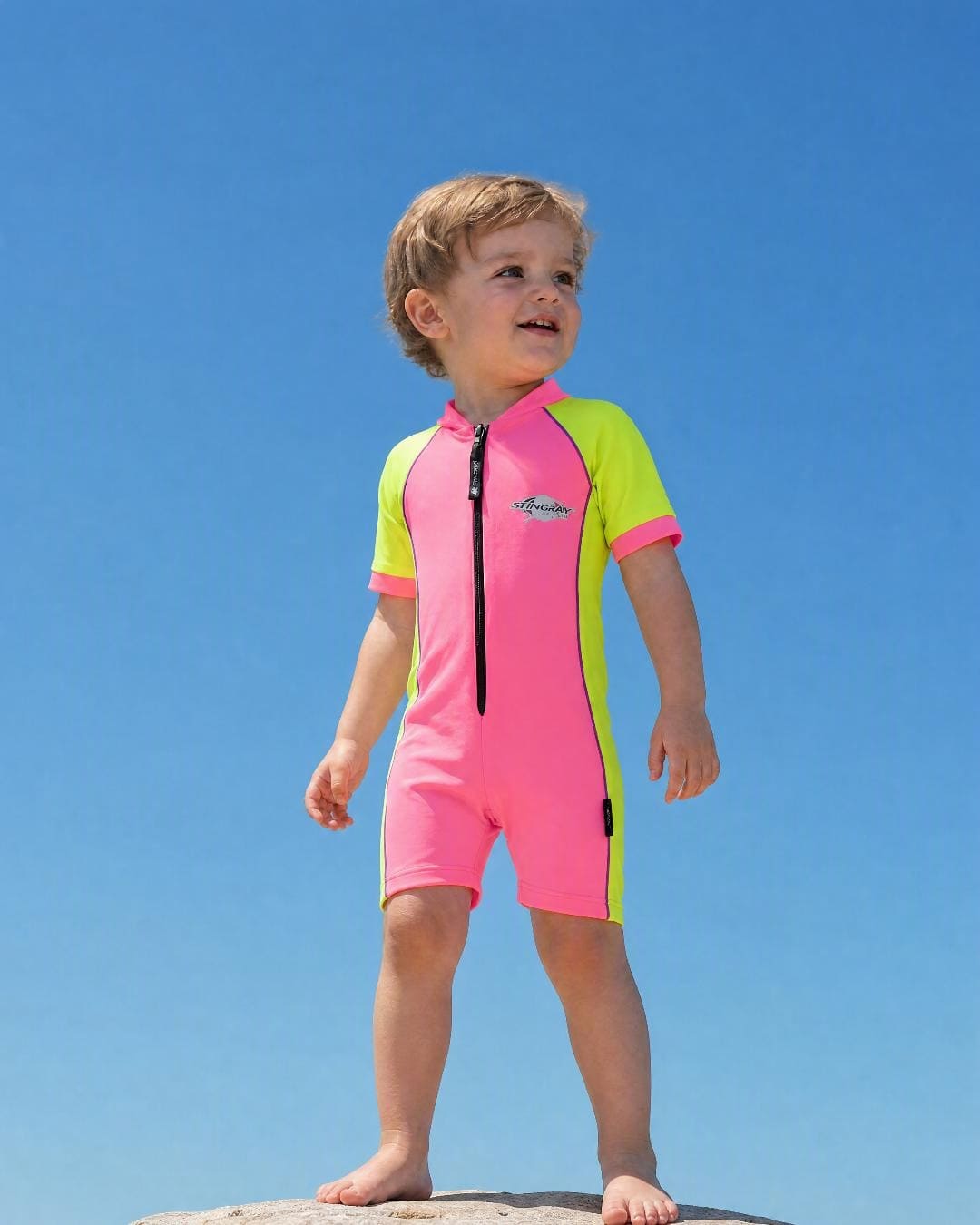 Lifestyle of 2 year old toddler wearing short sleeve UV sunsuit - pink yellow
