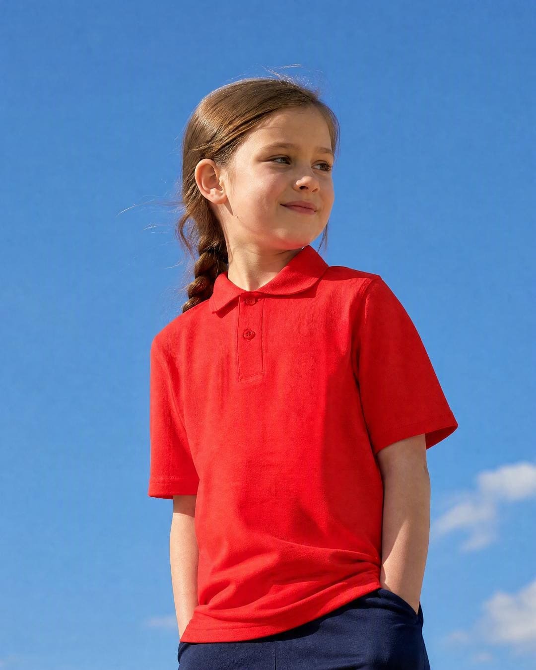 Lifestyle of 6 Year Old Girl Wearing Short Sleeve Polo Shirt - Red