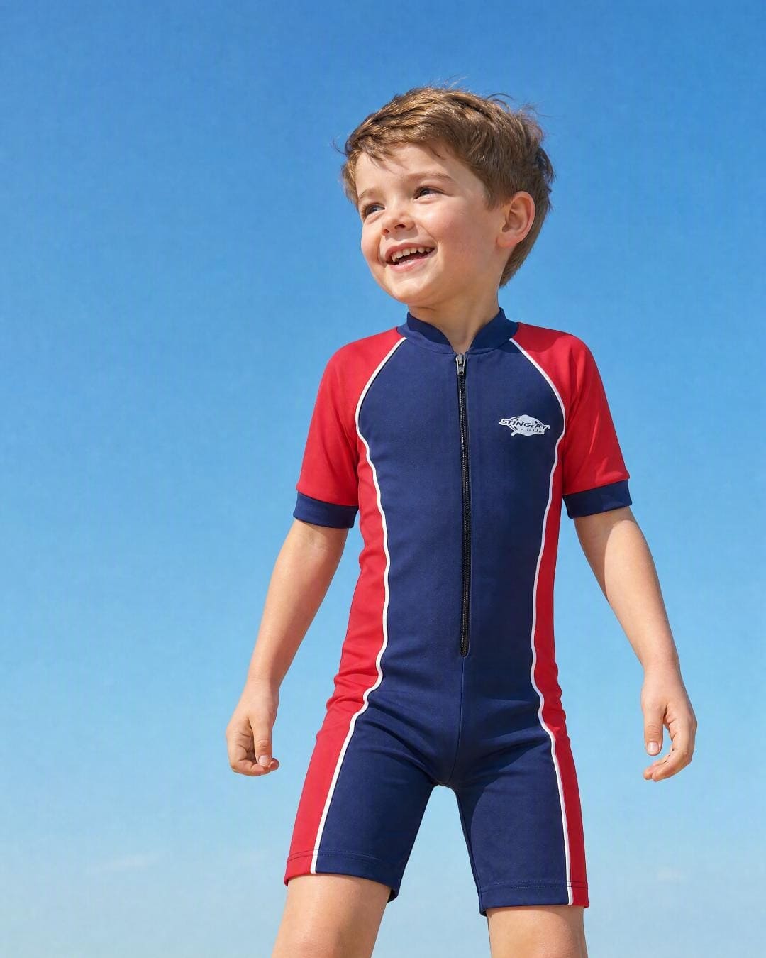 Lifestyle of 6 year old boy wearing short sleeve UV swimsuit UPF 50+ - red navy