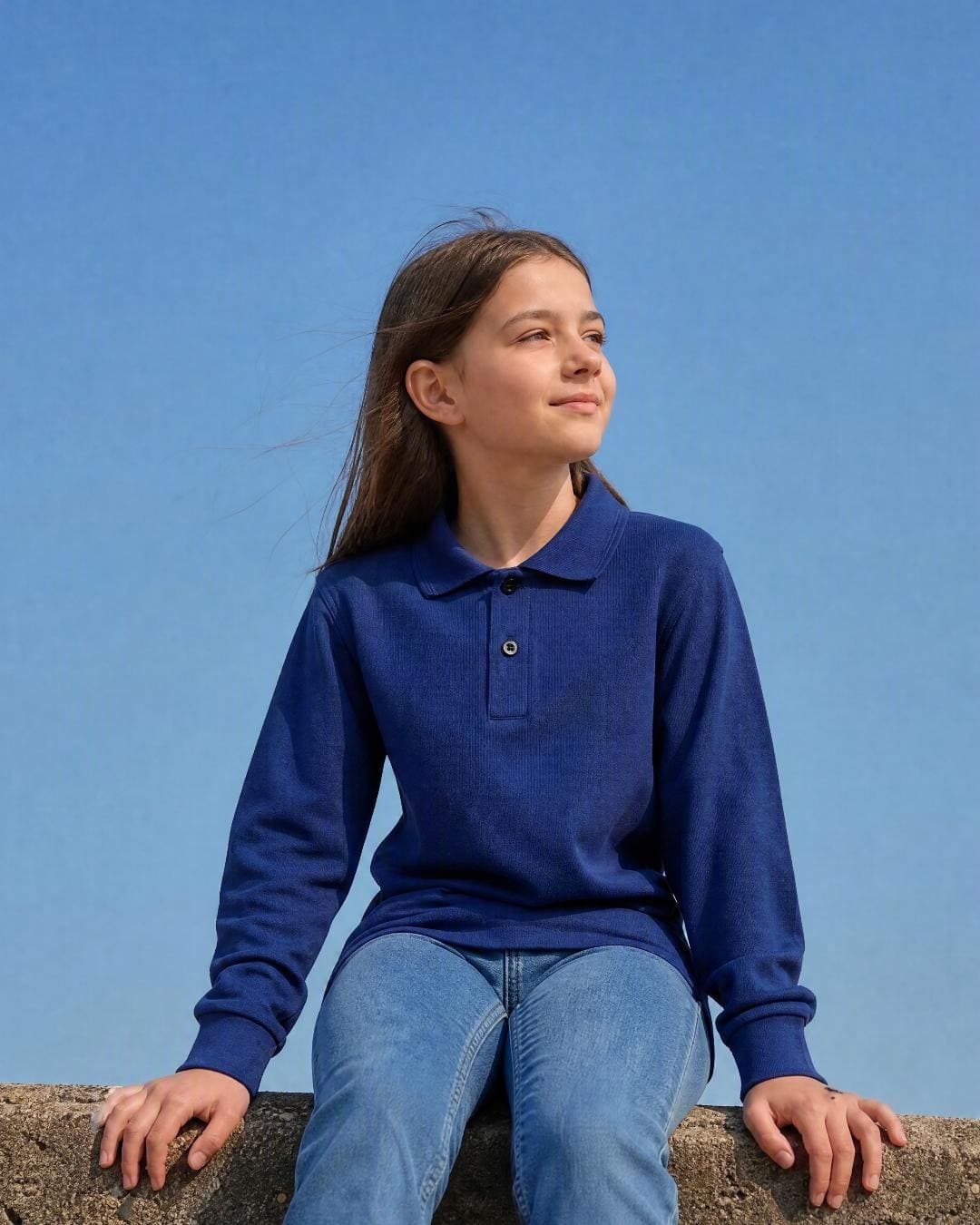 Lifestyle of 8 Year Old Girl Wearing Long Sleeve UV Polo Shirt - Navy