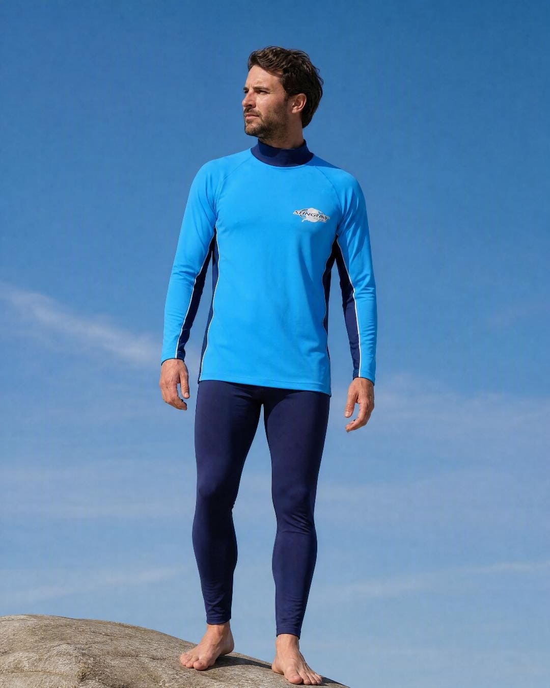 Lifestyle of Mens Azure Ocean Blue Long Sleeve UV Swim Shirt UPF 50+