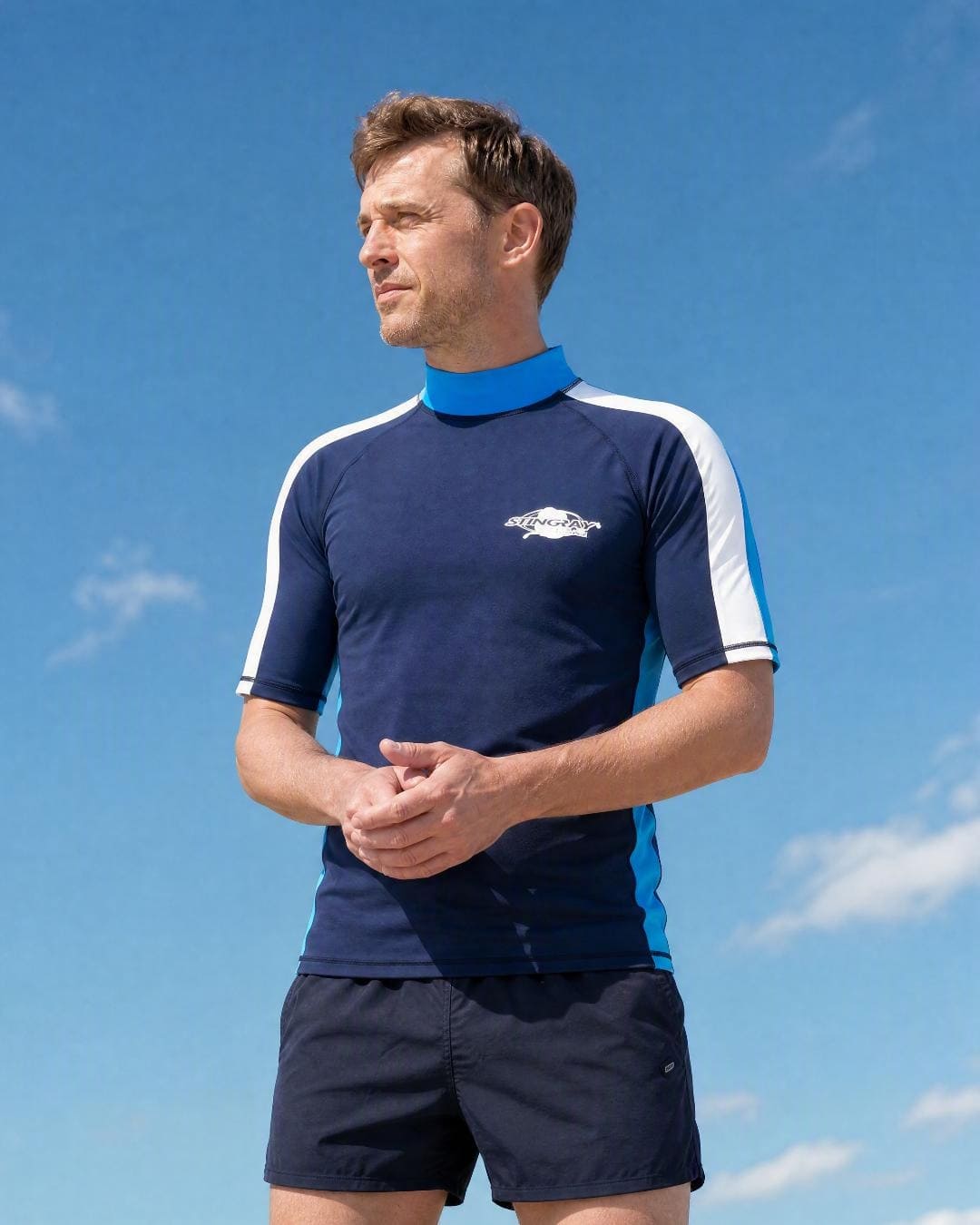 Lifestyle of Mens Navy Azure White Short Sleeve UV Swim Shirt UPF 50+