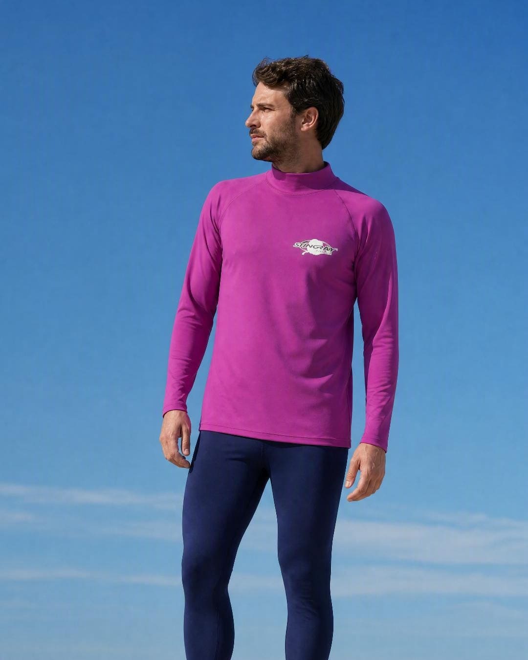 Lifestyle of Mens Purple Long Sleeve UV Swim Shirt UPF 50+