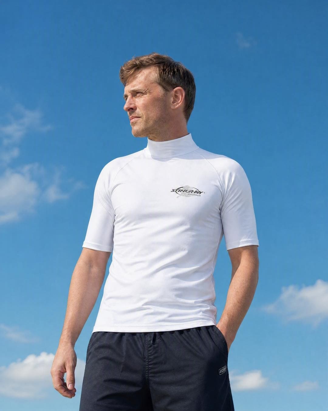 Lifestyle of Mens White Short Sleeve UV Swim Shirt UPF 50+