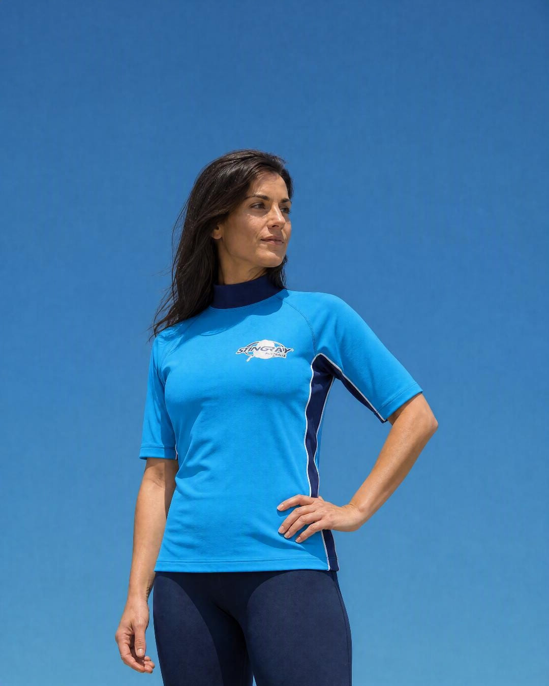 Lifestyle of Womens Azure Ocean Blue Short Sleeve UV Swim Shirt UPF 50+