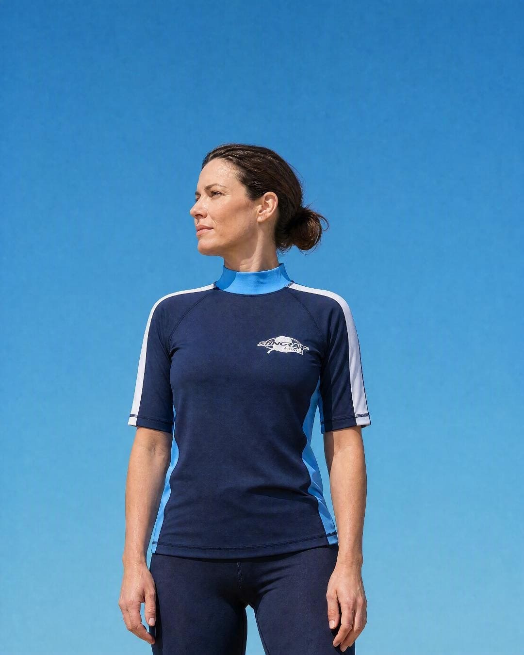 Lifestyle of Womens Navy Azure White Short Sleeve UV Swim Shirt UPF 50+