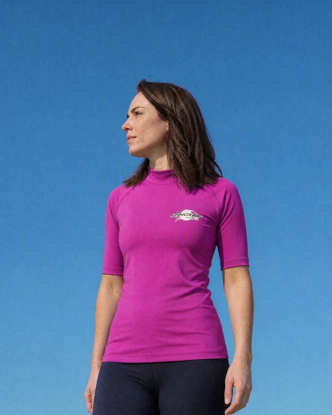 Lifestyle of Womens Purple Short Sleeve UV Swim Shirt UPF 50+