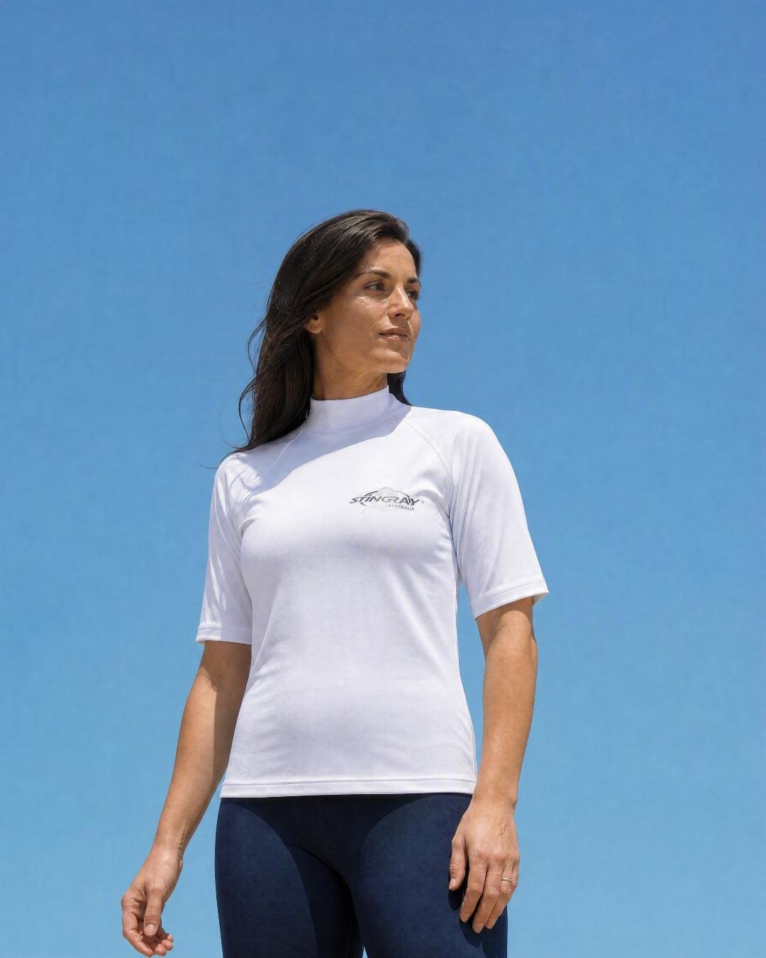 Lifestyle of Womens White Short Sleeve UV Swim Shirt UPF 50+